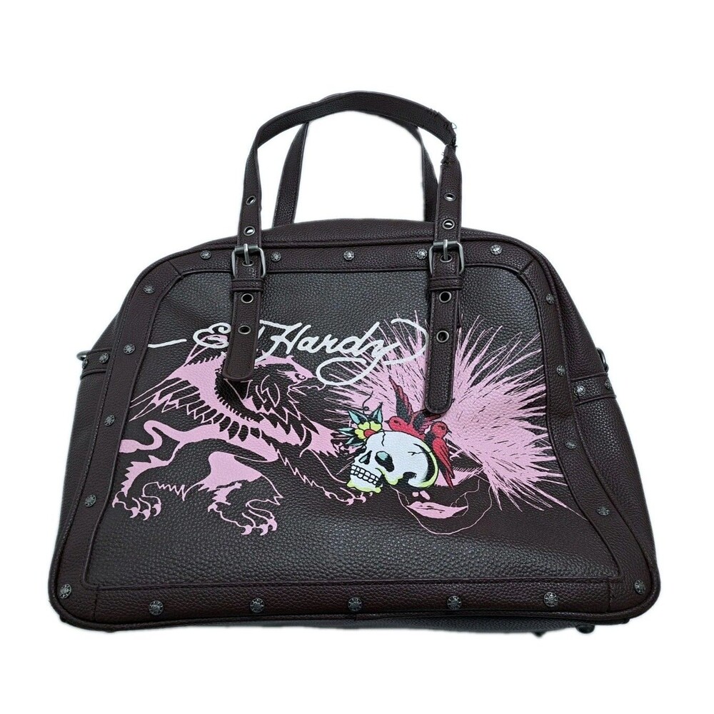 Ed Hardy Shoulder Hobo Bag Brown Skull Rose Griffon Studded Doves